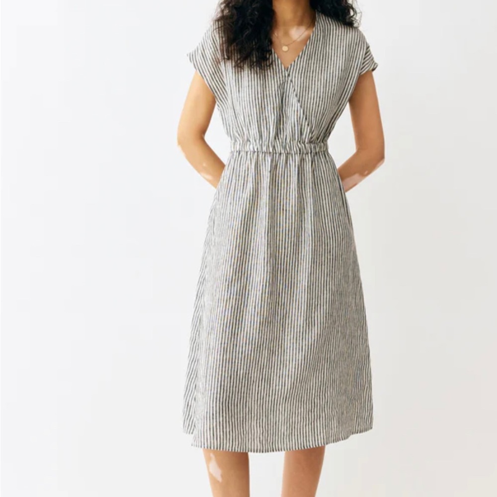 Linen Striped Elastic-Waist Midi transition dress